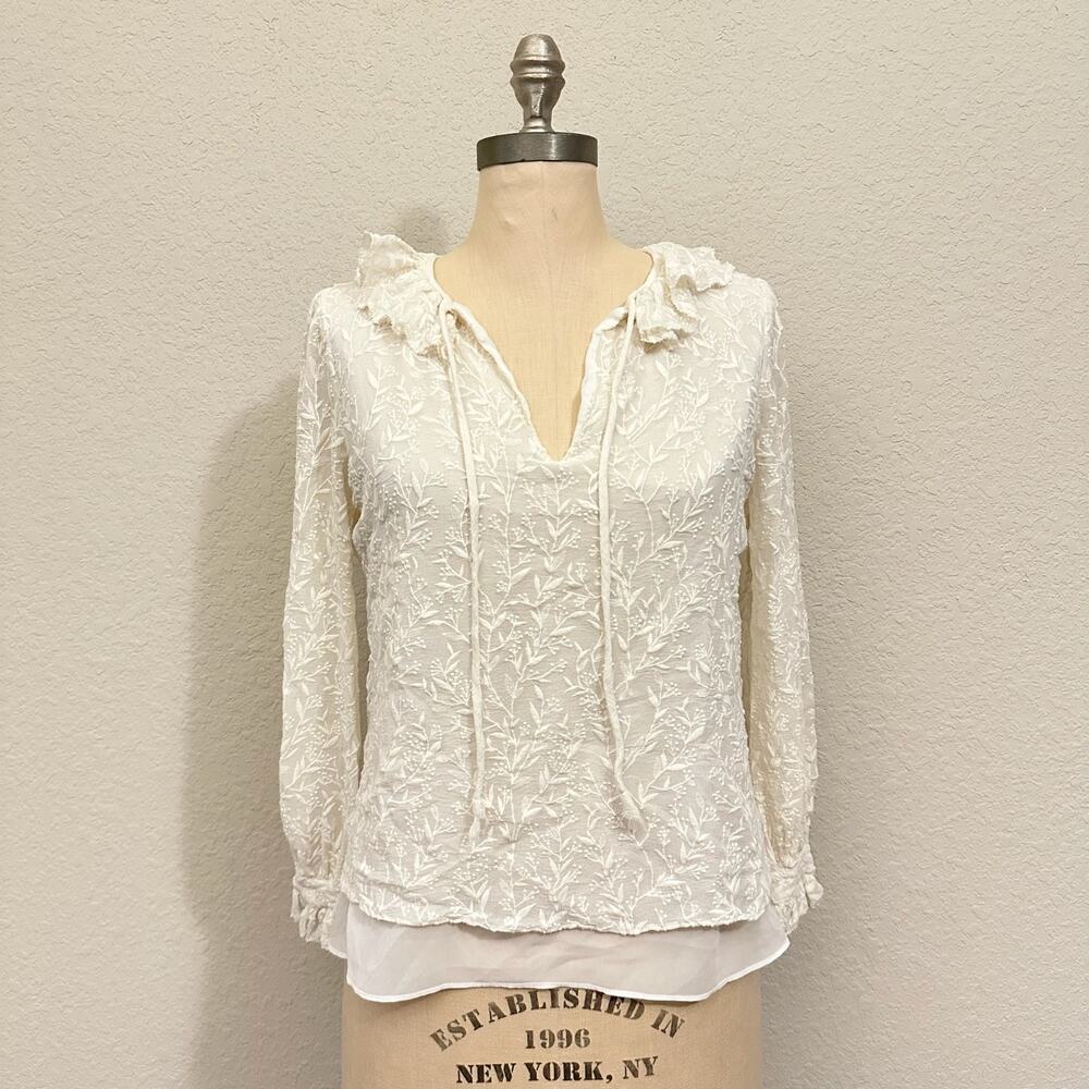 REBECCA TAYLOR Top Ivory Ruffled V-Neck Silk Embroidered Blouse